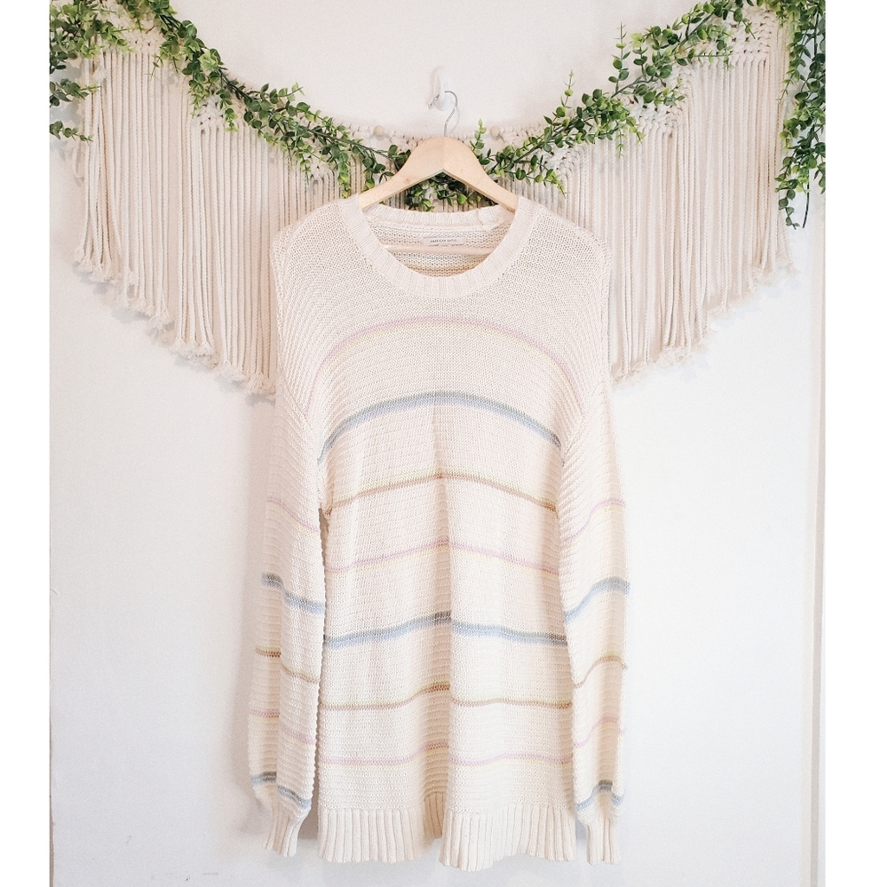 AE Cream Striped Long Sleeve Knit Tunic Sweater S